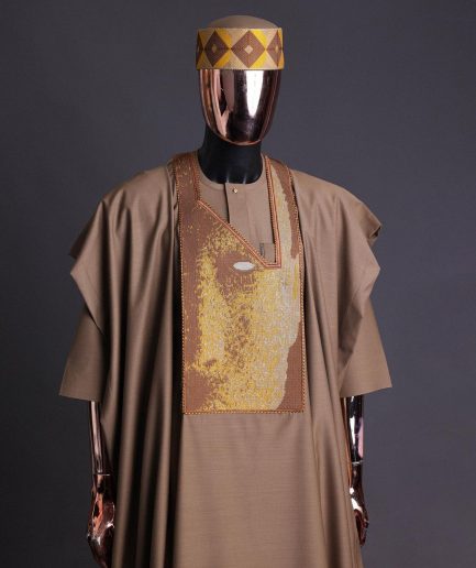 An tortilla Brown, Night walker embroidery details agbada, mixed Swarovski buttons on 3/4 sleeve kaftan & sokoto