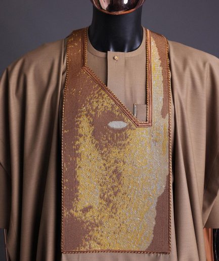 An tortilla Brown, Night walker embroidery details agbada, mixed Swarovski buttons on 3/4 sleeve kaftan & sokoto