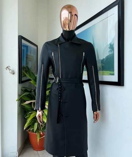 A Charcoal Black “Bikers” leather double breasted layered trench Jacket.
