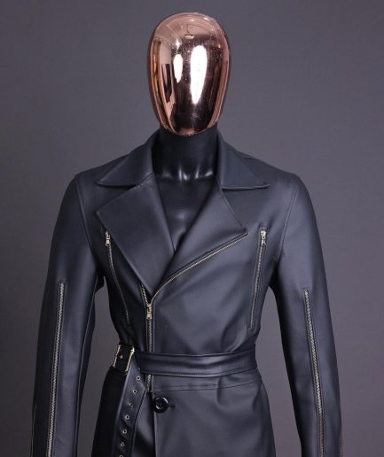 A Charcoal Black “Bikers” leather double breasted layered trench Jacket, belt and leather trousers.