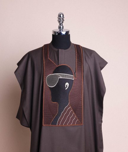 An Umber Brown, virtual reality (meta quest) user embroidery details agbada, 3/4 sleeve kaftan & sokoto