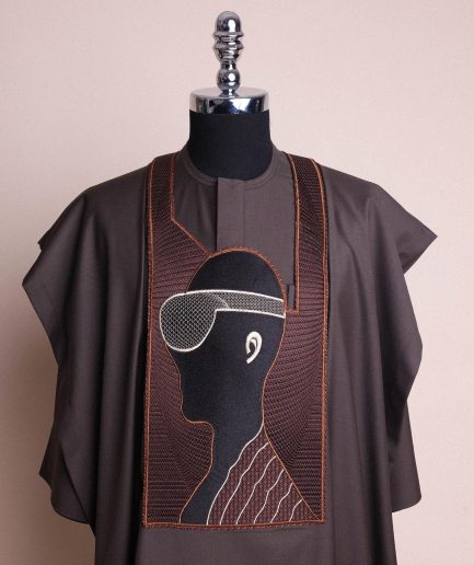 An Umber Brown, virtual reality (meta quest) user embroidery details agbada, 3/4 sleeve kaftan & sokoto