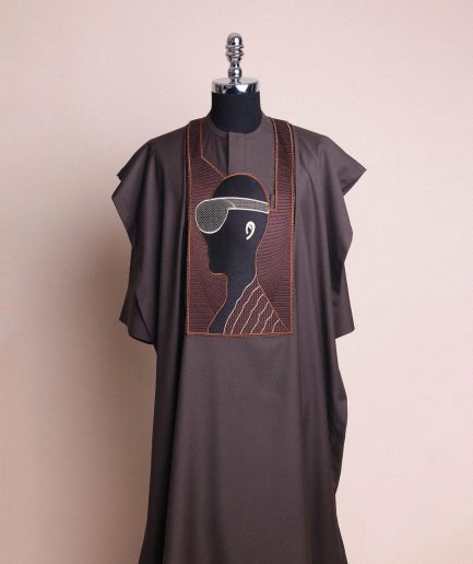 An Umber Brown, virtual reality (meta quest) user embroidery details agbada, 3/4 sleeve kaftan & sokoto