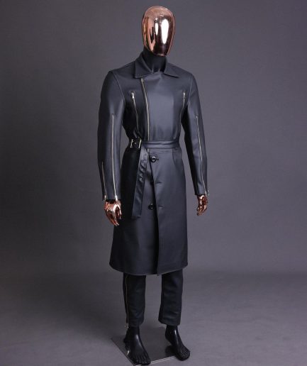 A Charcoal Black “Bikers” leather double breasted layered trench Jacket.