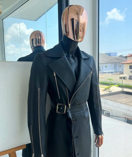 A Charcoal Black “Bikers” leather double breasted layered trench Jacket, belt and leather trousers.