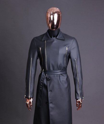 A Charcoal Black “Bikers” leather double breasted layered trench Jacket.