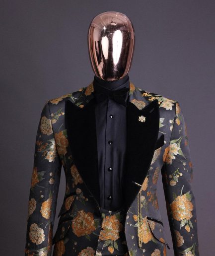 A Charcoal Black, Lemon Green, Orange Mix Metallic Floral Jacquard, Peak Lapel Tuxedo Suit.