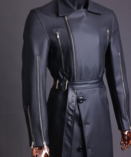 A Charcoal Black “Bikers” leather double breasted layered trench Jacket.