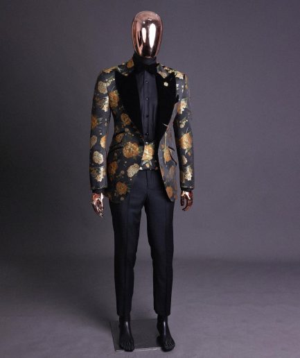 A Charcoal Black, Lemon Green, Orange Mix Metallic Floral Jacquard, Peak Lapel Tuxedo Suit.