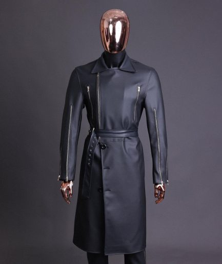 A Charcoal Black “Bikers” leather double breasted layered trench Jacket.