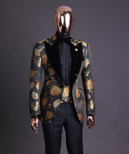 A Charcoal Black, Lemon Green, Orange Mix Metallic Floral Jacquard, Peak Lapel Tuxedo Suit.