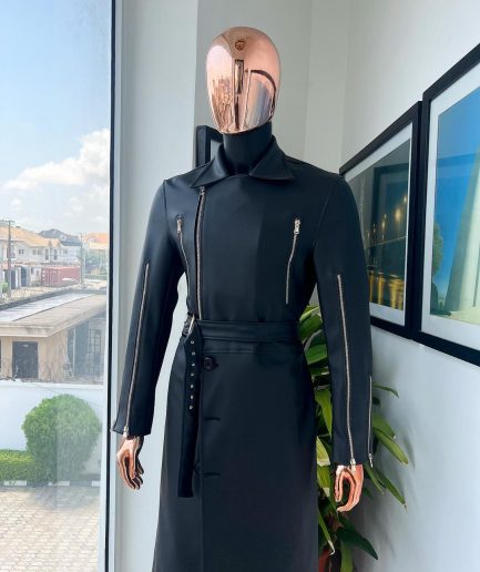 A Charcoal Black “Bikers” leather double breasted layered trench Jacket.