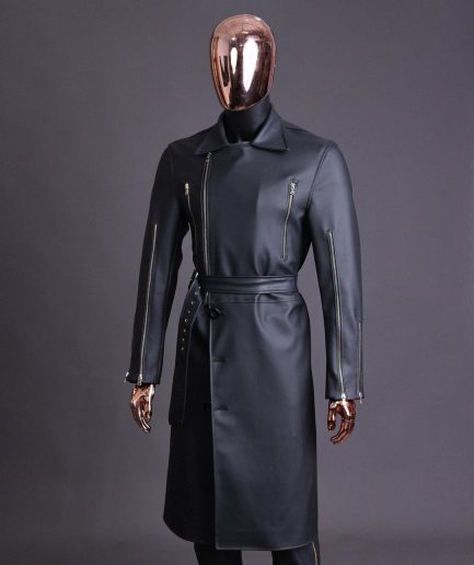 A Charcoal Black “Bikers” leather double breasted layered trench Jacket.