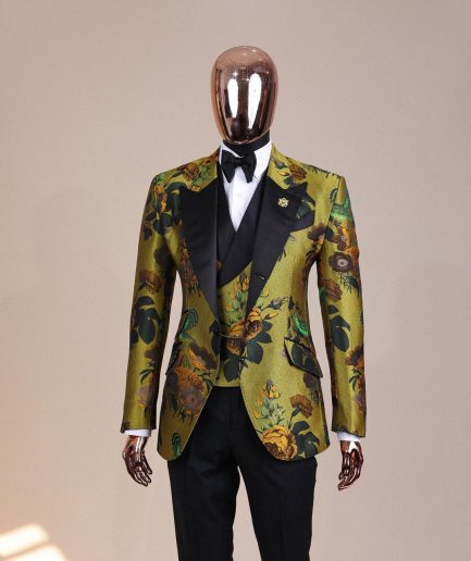 A Light Olive Green, Emerald, Orange, Black Mix Metallic Jacquard, Peak Lapel Tuxedo Suit