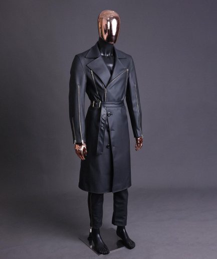 A Charcoal Black “Bikers” leather double breasted layered trench Jacket, belt and leather trousers.