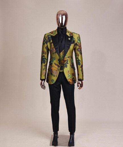 A Light Olive Green, Emerald, Orange, Black Mix Metallic Jacquard, Peak Lapel Tuxedo Suit
