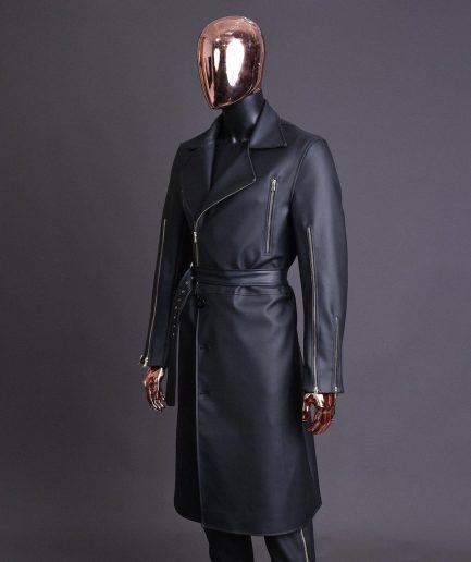 A Charcoal Black “Bikers” leather double breasted layered trench Jacket, belt and leather trousers.