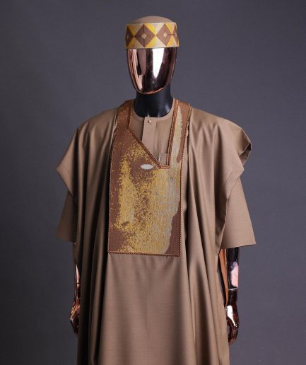 An tortilla Brown, Night walker embroidery details agbada, mixed Swarovski buttons on 3/4 sleeve kaftan & sokoto