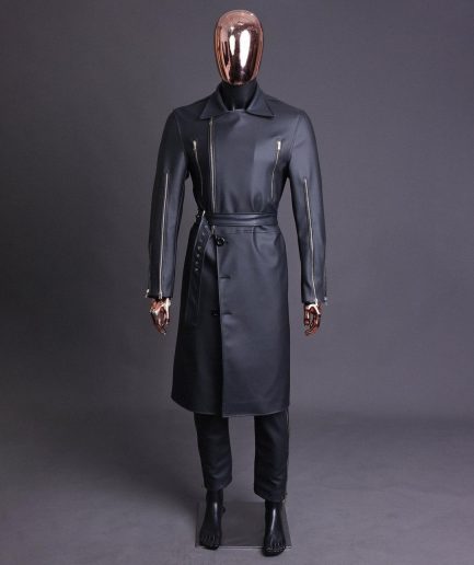 A Charcoal Black “Bikers” leather double breasted layered trench Jacket.