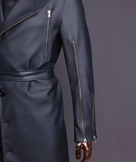 A Charcoal Black “Bikers” leather double breasted layered trench Jacket, belt and leather trousers.