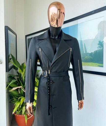 A Charcoal Black “Bikers” leather double breasted layered trench Jacket, belt and leather trousers.