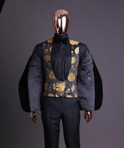 A Charcoal Black, Lemon Green, Orange Mix Metallic Floral Jacquard, Peak Lapel Tuxedo Suit.
