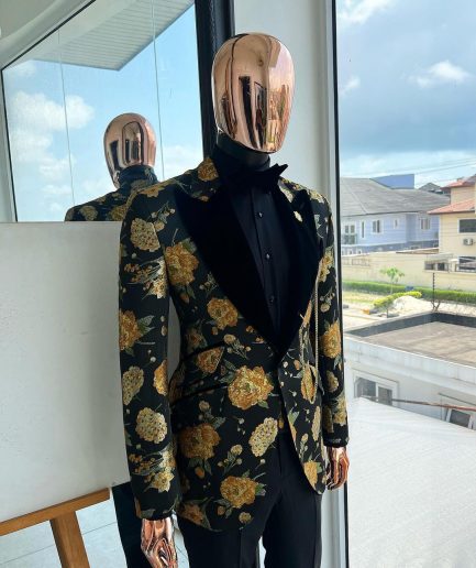 A Charcoal Black, Lemon Green, Orange Mix Metallic Floral Jacquard, Peak Lapel Tuxedo Suit.