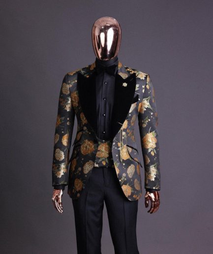 A Charcoal Black, Lemon Green, Orange Mix Metallic Floral Jacquard, Peak Lapel Tuxedo Suit.
