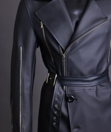 A Charcoal Black “Bikers” leather double breasted layered trench Jacket, belt and leather trousers.
