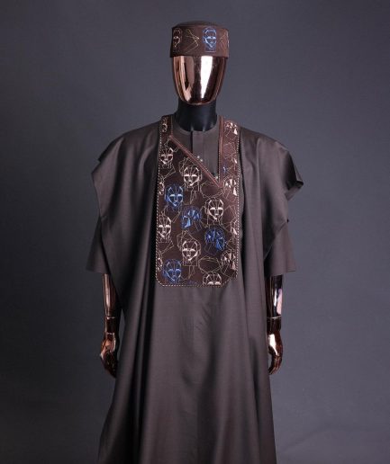 An Umber Brown, AI connected iron-man maze embroidery details agbada, mixed Swarovski buttons on 3/4 sleeve kaftan & sokoto