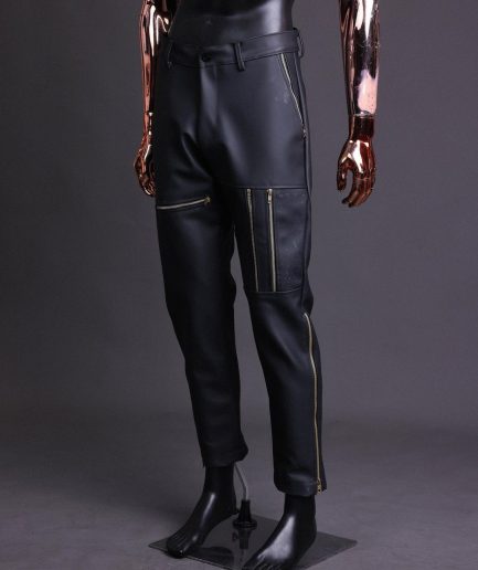 A Charcoal Black “Bikers” leather double breasted layered trench Jacket, belt and leather trousers.