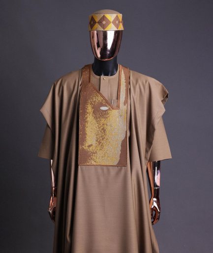 An tortilla Brown, Night walker embroidery details agbada, mixed Swarovski buttons on 3/4 sleeve kaftan & sokoto