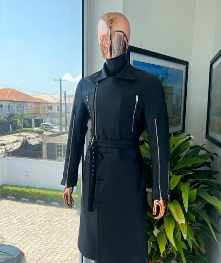 A Charcoal Black “Bikers” leather double breasted layered trench Jacket.