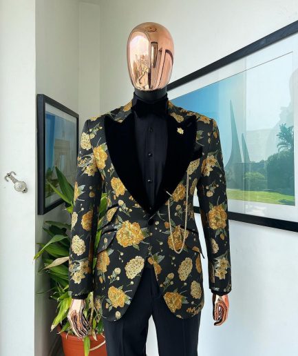 A Charcoal Black, Lemon Green, Orange Mix Metallic Floral Jacquard, Peak Lapel Tuxedo Suit.