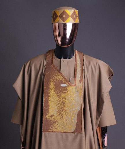 An tortilla Brown, Night walker embroidery details agbada, mixed Swarovski buttons on 3/4 sleeve kaftan & sokoto