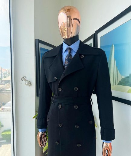 A Charcoal Black, Peak Lapel Jorgecarli Vogue Trench Wool Jacket
