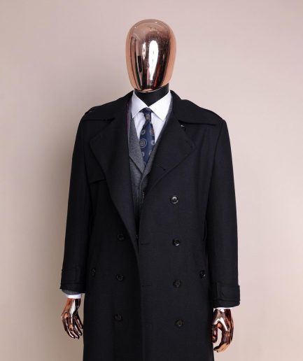 A black wool trench jacket, Cloud Grey, knitted, peak lapel jorgecarli vogue suit