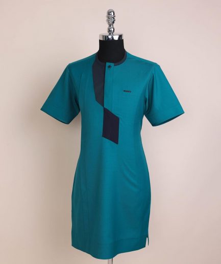 A Castleton green, front flap, patterned flap with black Swarovski button, short sleeve African senator kaftan native.