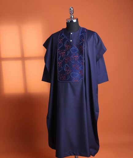A Navy Blue, AI connected iron-man maze embrodery details agbada