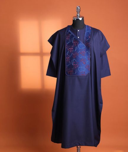 A Navy Blue, AI connected iron-man maze embrodery details agbada