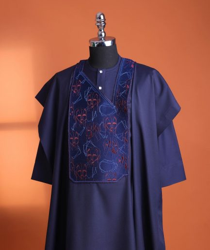 A Navy Blue, AI connected iron-man maze embrodery details agbada