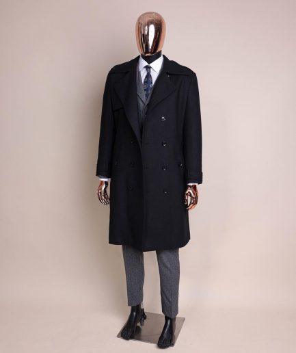 A black wool trench jacket, Cloud Grey, knitted, peak lapel jorgecarli vogue suit