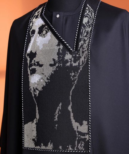 A charcoal black, Alexander 3 portrait embroidery details agbada, silver clear view Swarovski buttons on 3/4 sleeve kaftan & sokoto