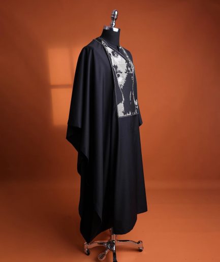 A charcoal black, Alexander 3 portrait embroidery details agbada, silver clear view Swarovski buttons on 3/4 sleeve kaftan & sokoto