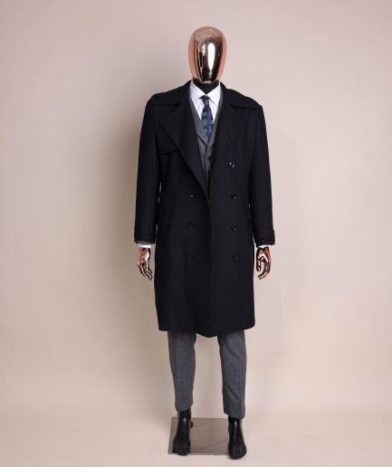 A black wool trench jacket, Cloud Grey, knitted, peak lapel jorgecarli vogue suit
