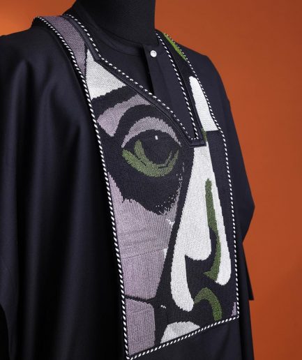 A Charcoal black, “Oju Aye” on canvas embroidery details agbada, silver clear view Swarovski buttons on 3/4 sleeve kaftan & sokoto