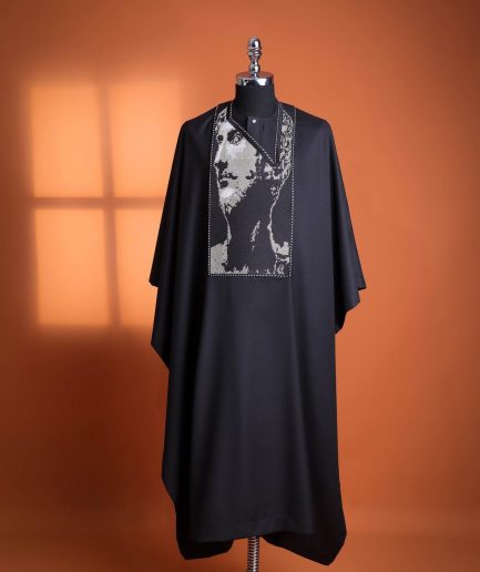 A charcoal black, Alexander 3 portrait embroidery details agbada, silver clear view Swarovski buttons on 3/4 sleeve kaftan & sokoto