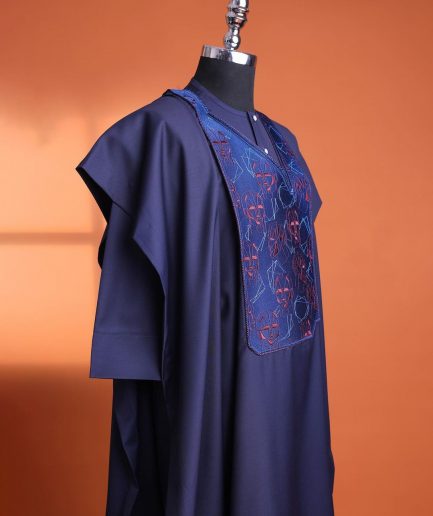 A Navy Blue, AI connected iron-man maze embrodery details agbada
