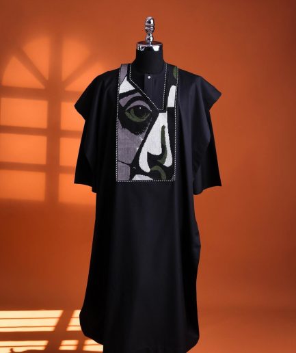 A Charcoal black, “Oju Aye” on canvas embroidery details agbada, silver clear view Swarovski buttons on 3/4 sleeve kaftan & sokoto
