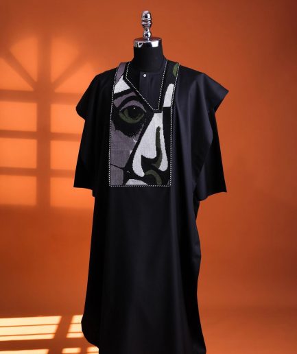 A Charcoal black, “Oju Aye” on canvas embroidery details agbada, silver clear view Swarovski buttons on 3/4 sleeve kaftan & sokoto